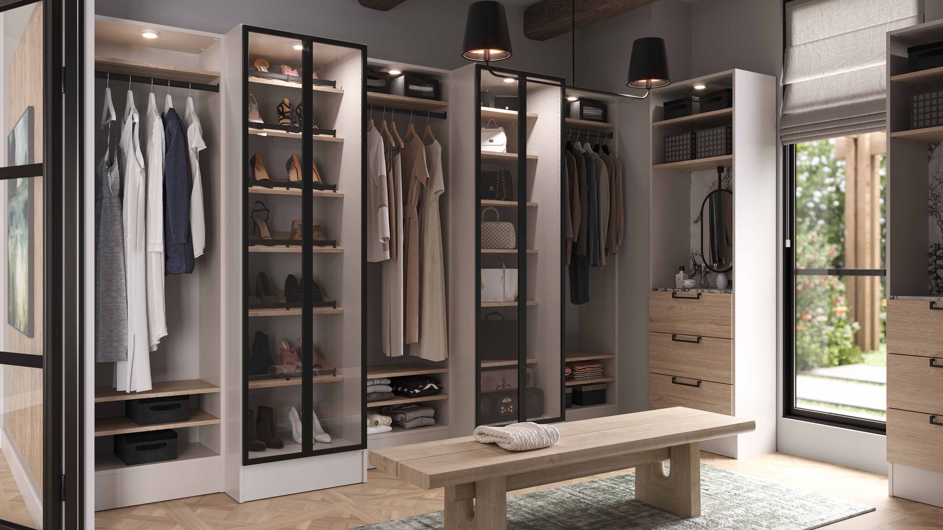 Modern walk-in closet with open wardrobes, hanging clothes, shelves, and a bench by a window