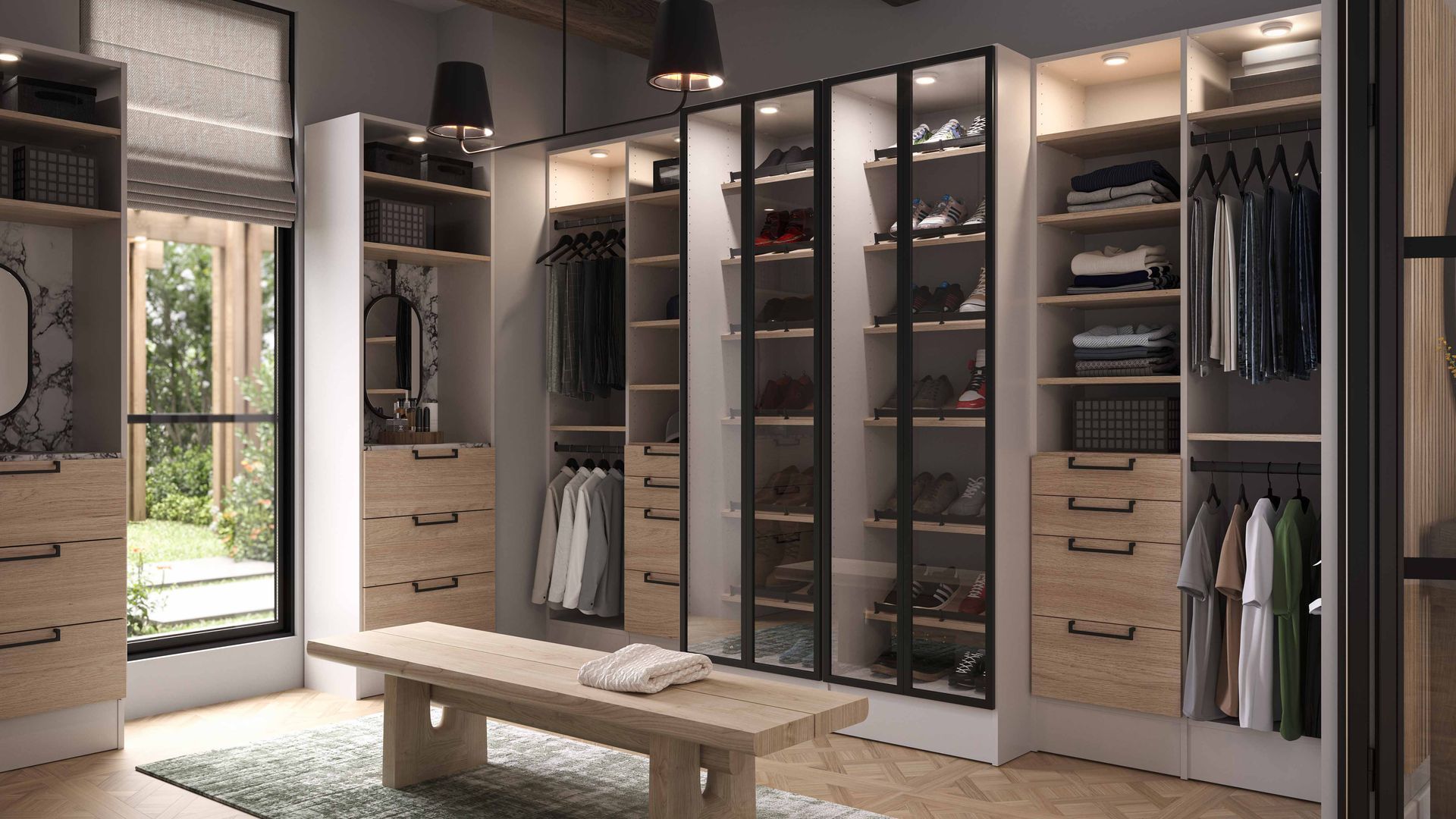 Modern walk-in closet with open cabinets, hanging clothes, drawers, and a central bench seat