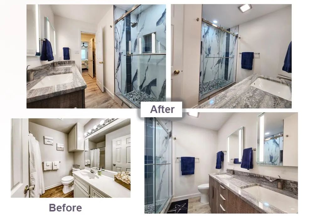 Before-and-after bathroom remodel showing white and blue modern finishes, glass shower, marble vanity, and bright lighting