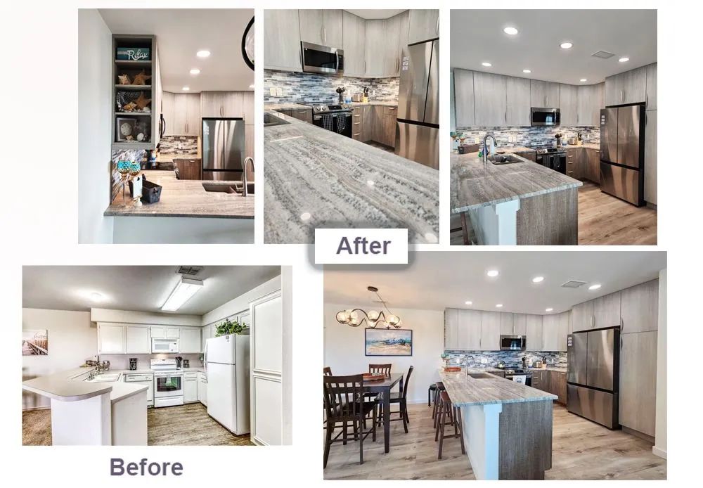 Kitchen remodel before-and-after collage with white cabinets, gray island, stainless appliances, and open dining area