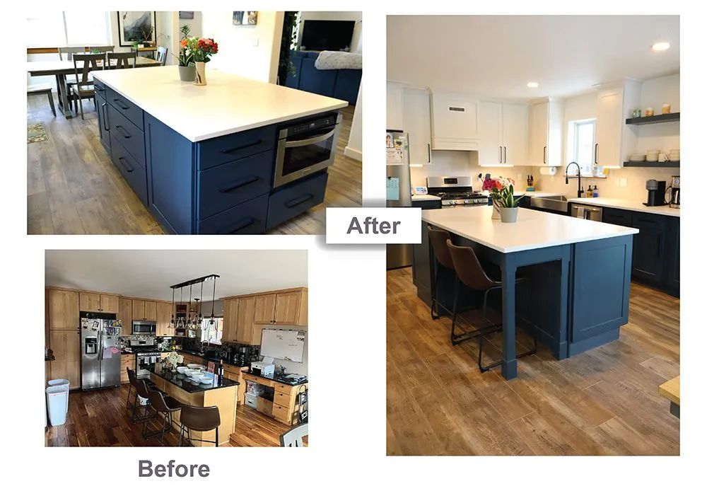 Kitchen remodel before-and-after collage showing a dark wood island replaced by a blue island in a bright kitchen