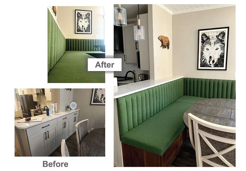 Before-and-after of a dining nook renovation with green banquette seating and framed wall art.