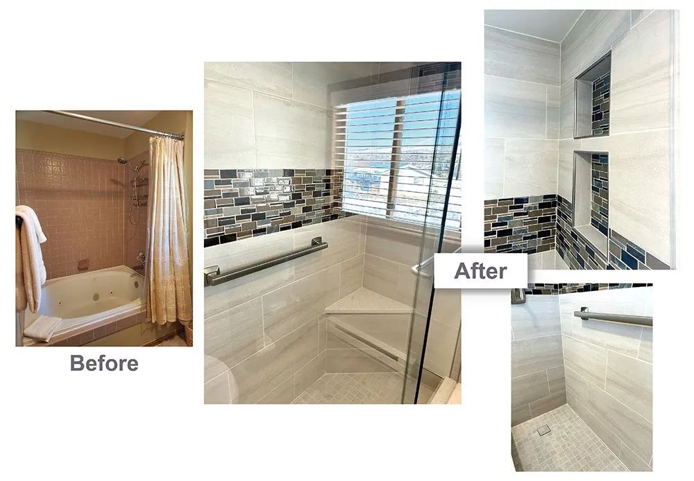 Bathroom remodel before-and-after collage showing a tub replaced with a tiled shower.