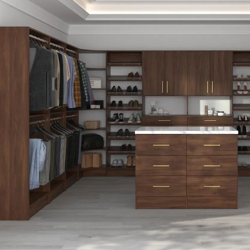 Modern walk-in closet with wood cabinetry, open shelving, hanging clothes, and a central island.