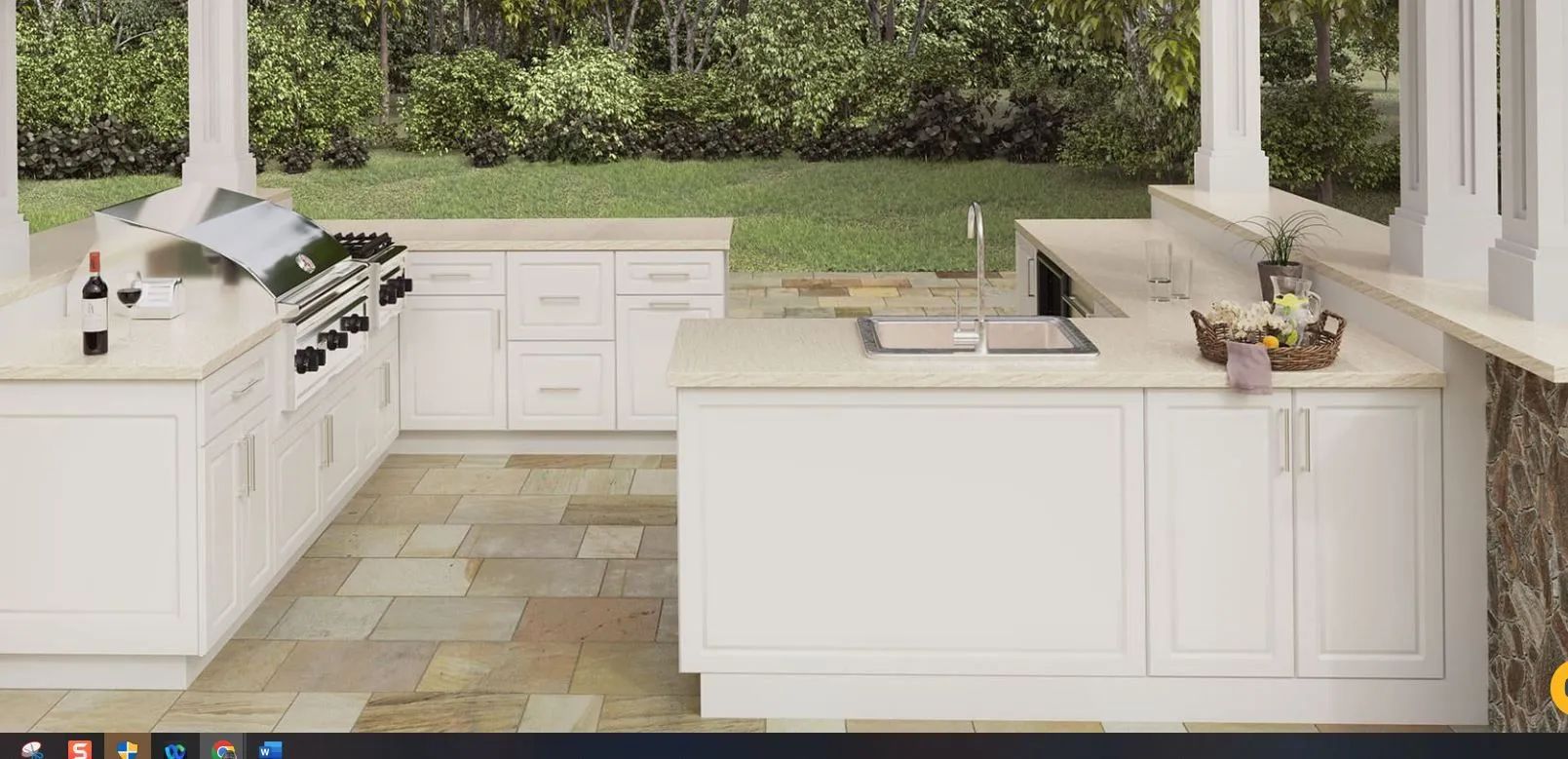 Outdoor white kitchen with built-in grill, countertop sink, and cabinets under a covered patio