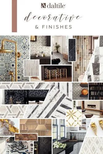 Collage of decorative finishes samples featuring patterned tiles, wood, stone, and fabric textures