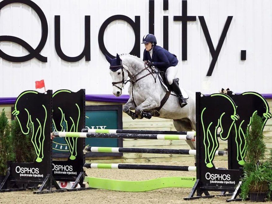 A person is riding a horse over a jump in front of a sign that says quality