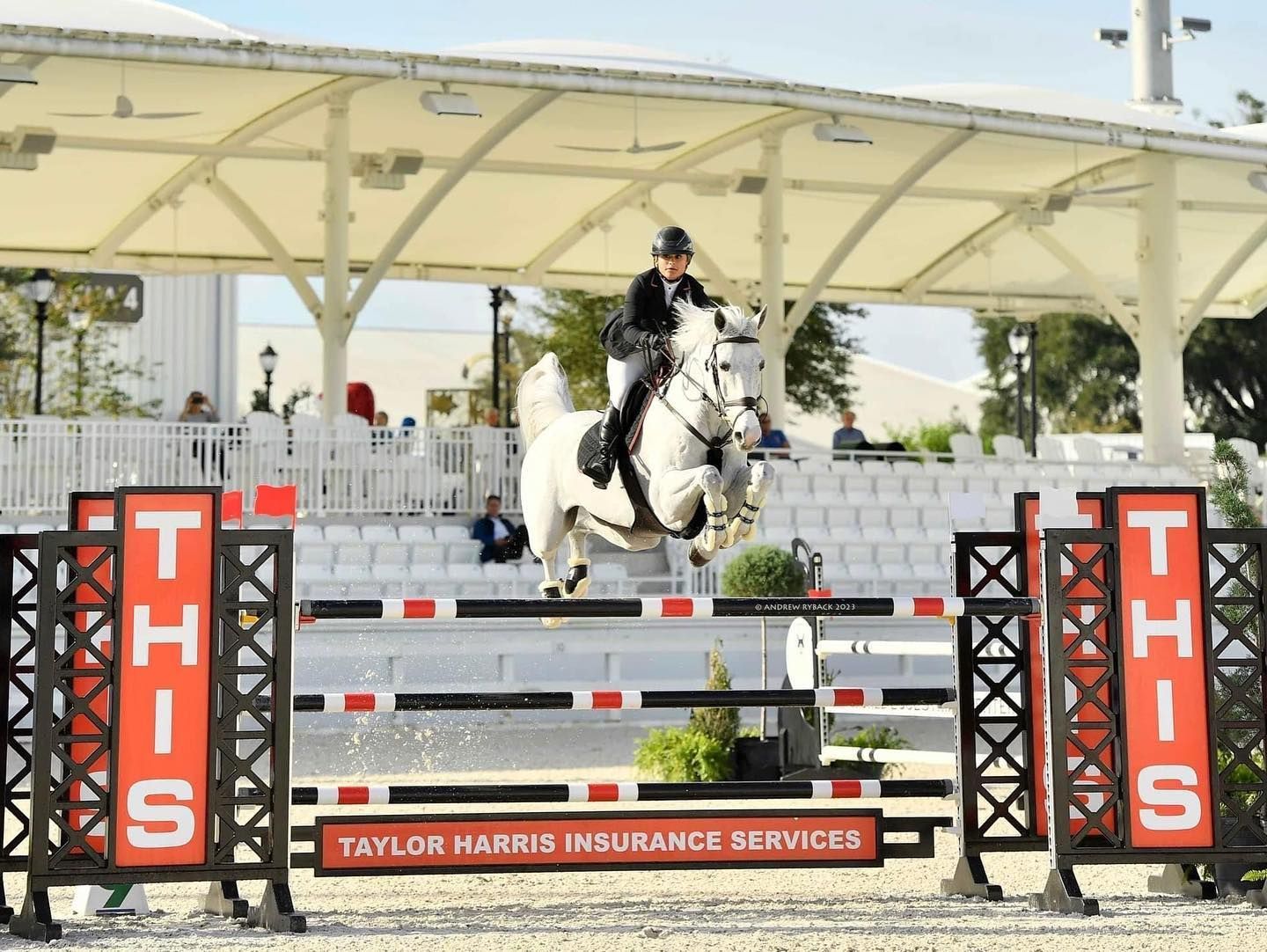 A person riding a white horse jumping over a red sign that says this