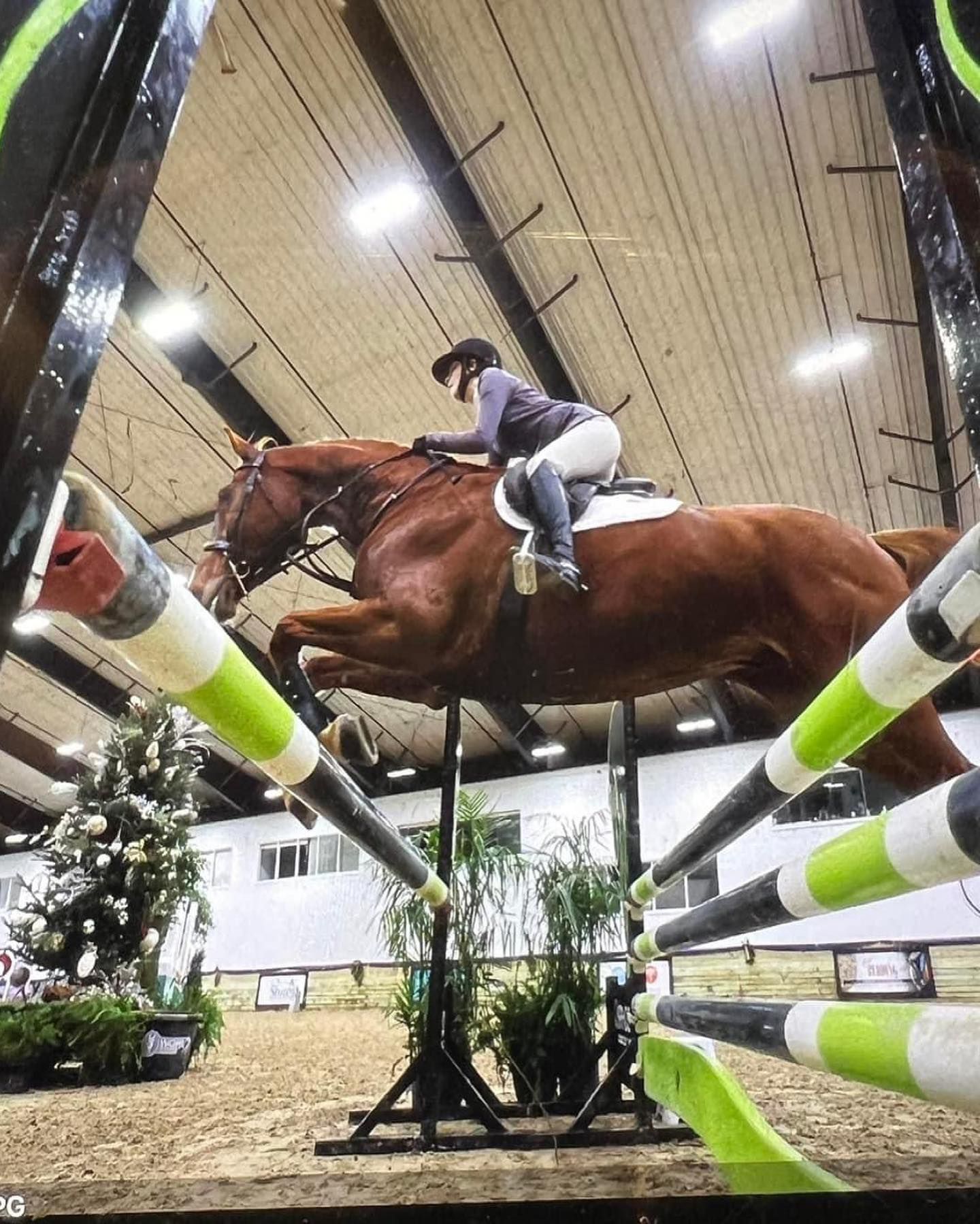 A woman is riding a brown horse over a jump.