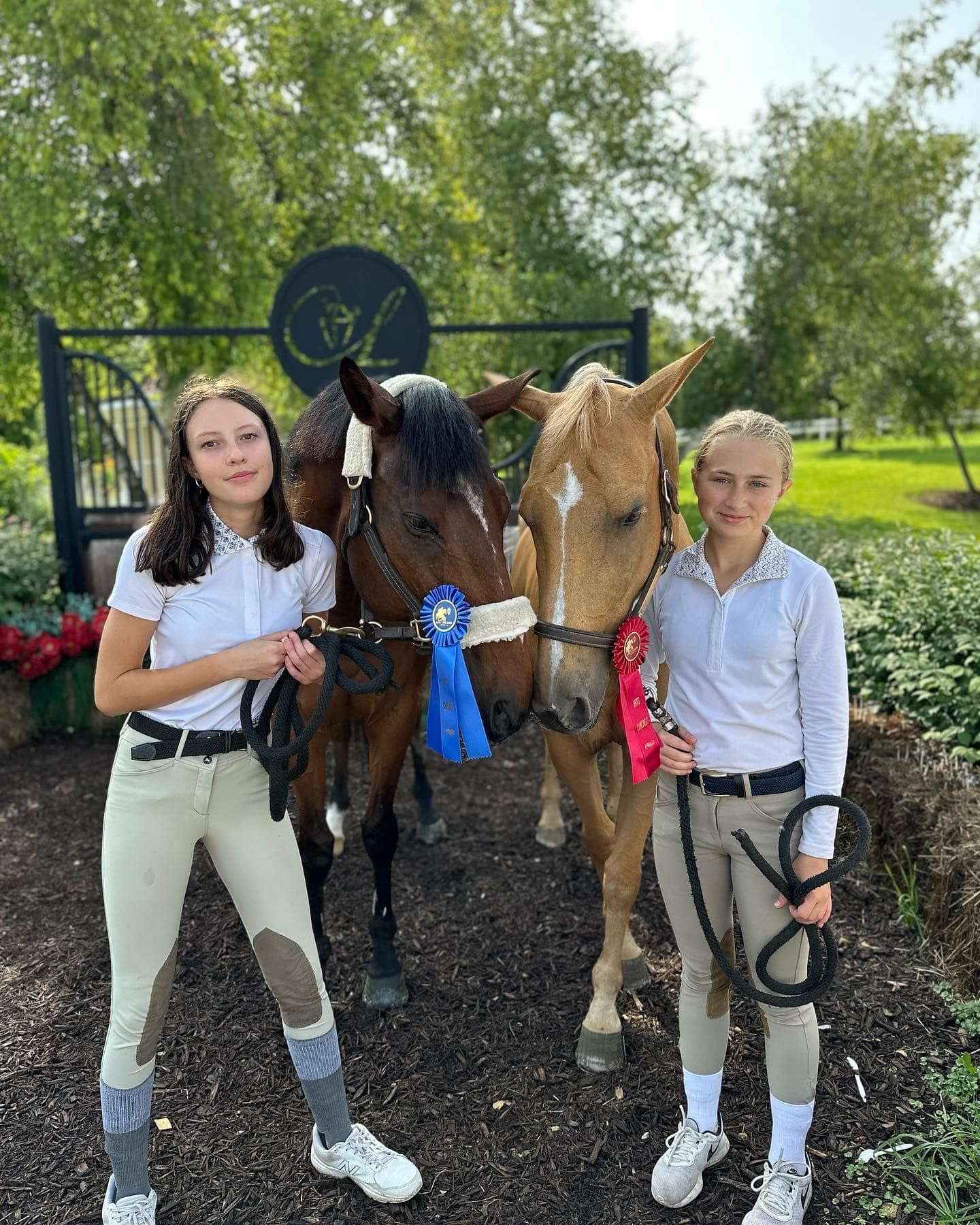 Two young girls are standing next to two horses.