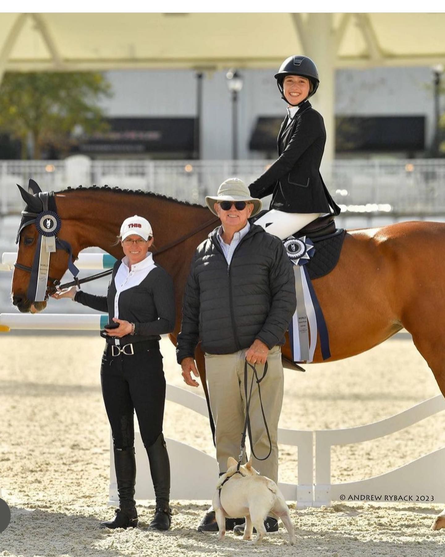 A woman is riding a horse next to a man and a dog.