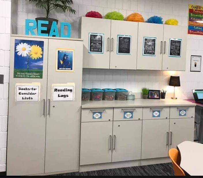 A classroom with white cabinets and a sign that says read