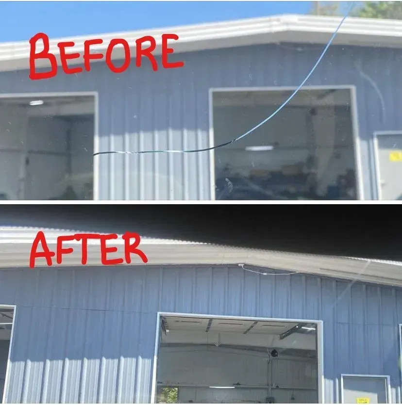 Comparison of a windshield crack before and after repair. The crack disappears in the after shot.