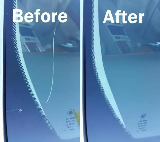 Windshield repair: Before and after view of a crack, now gone after treatment.