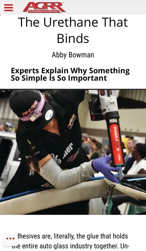 Woman applying auto glass adhesive. Text overlay: 