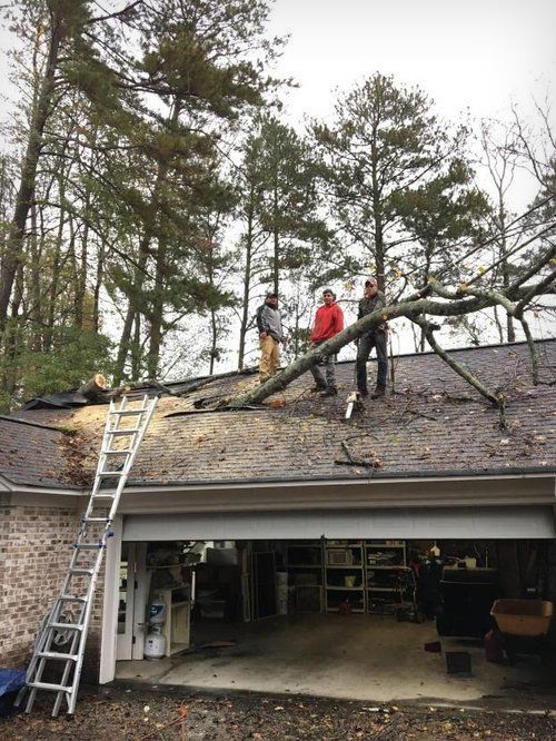 Two men are working on the roof of a garage.