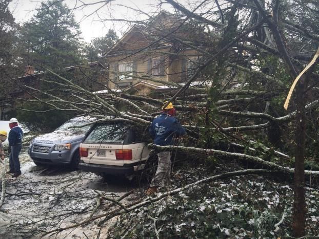 A tree has fallen on a car in front of a house.