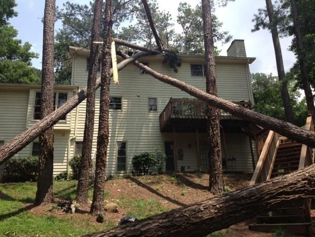 A house with a fallen tree in front of it