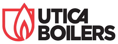 Logo for Utica Boilers, featuring a red flame and shield icon, with 