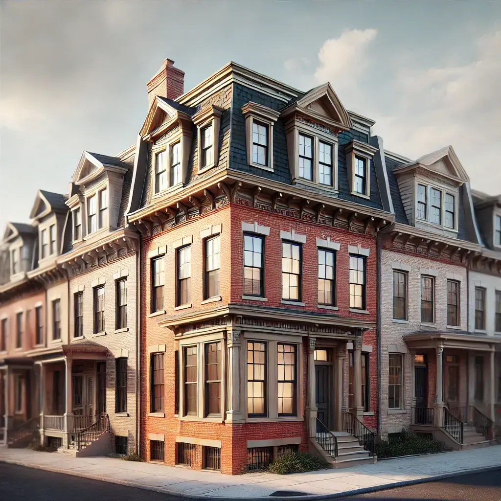 Philadelphia rowhome with flat roof, brick exterior, and narrow windows on a partly cloudy day