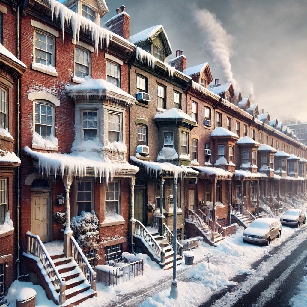 Philadelphia rowhomes wiyh, snow-covered roofs showing ice dams, pooling water, and visible damage