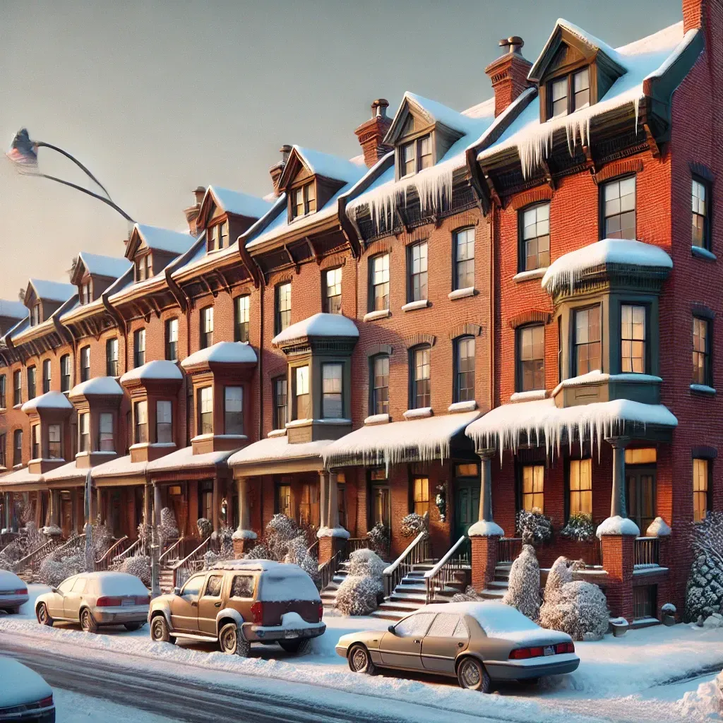 Philadelphia rowhomes with flat roofs,snowy and perfect for showcasing local roofing conditions