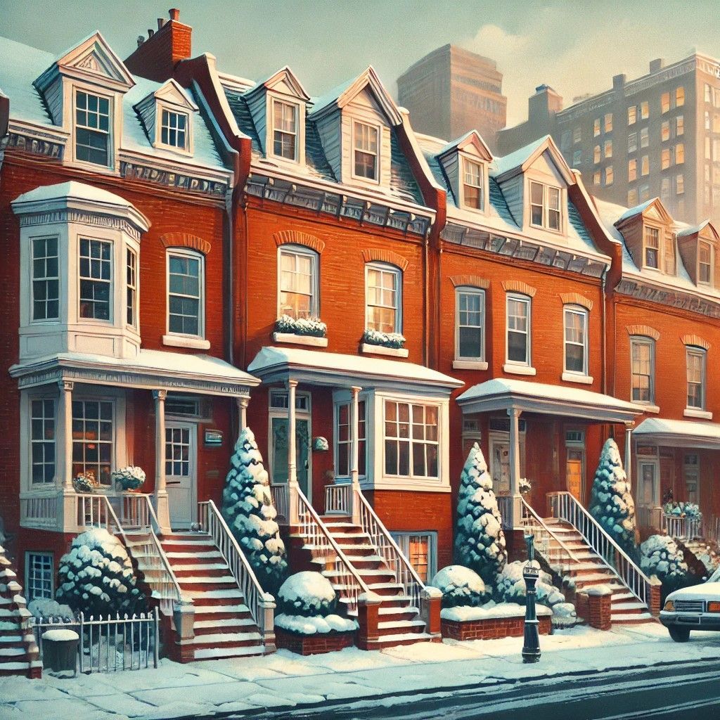 Philadelphia rowhomes with flat roofs in a cozy winter setting.