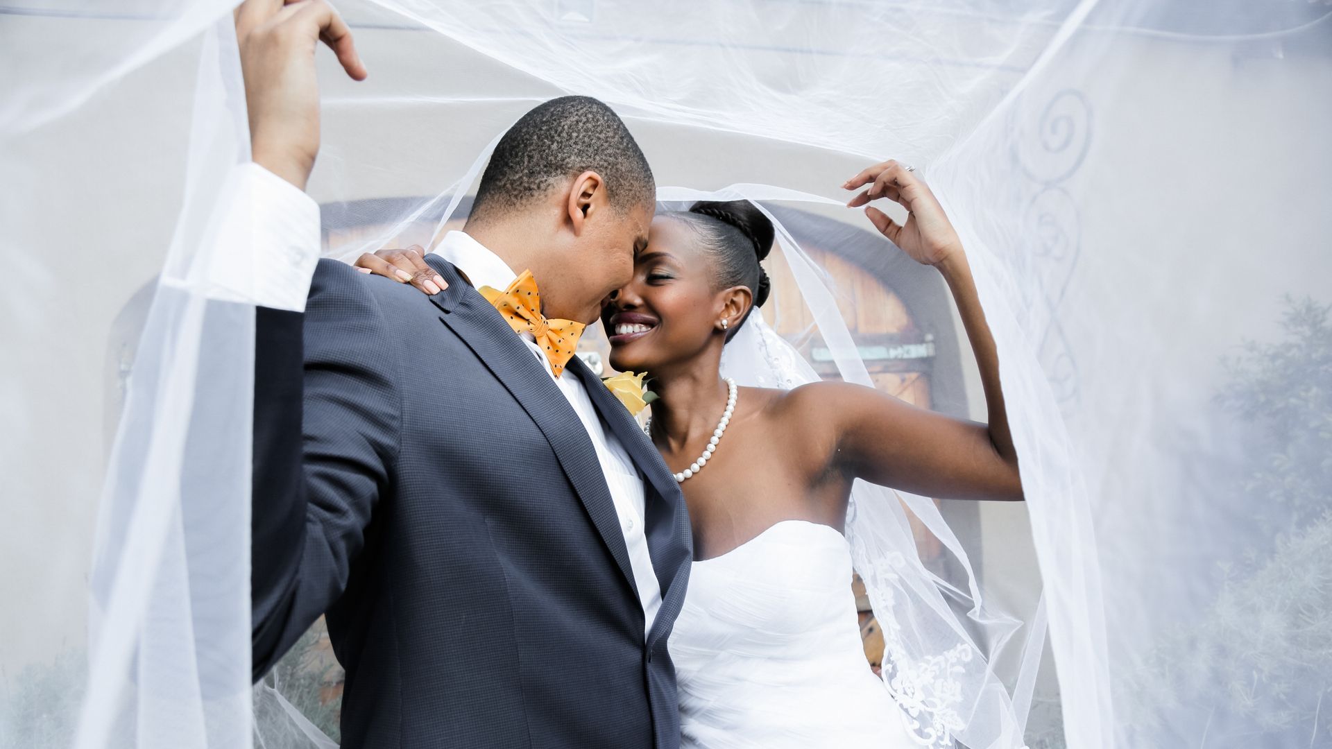 Wedding couple kissing under a white veil outdoors, the bride in a white dress and the groom in a dark suit.