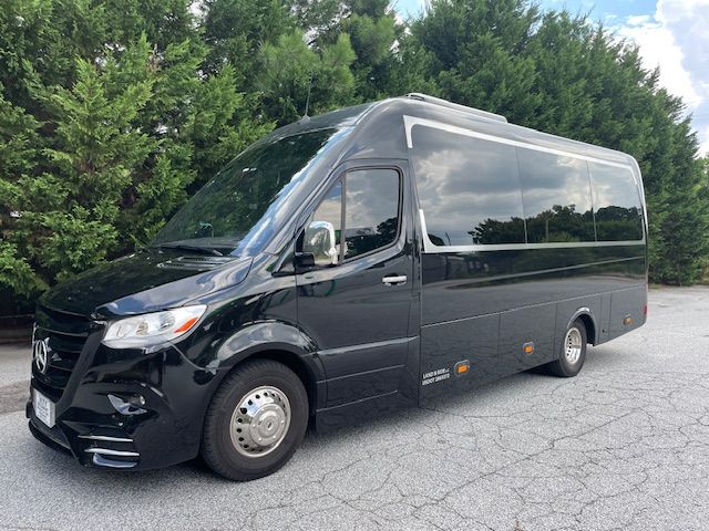 Black high-roof Mercedes van parked on a paved lot beside trees