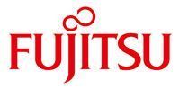 Fujitsu logo in red, the word