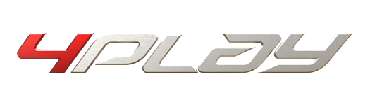 A white and red logo for a company called 4play