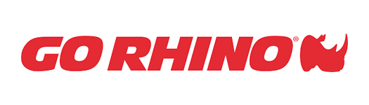 A red logo for go rhino on a white background