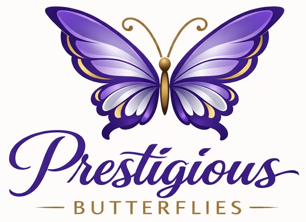 Gold text reading &ldquo;Prestigious Butterflies&rdquo; on a white background