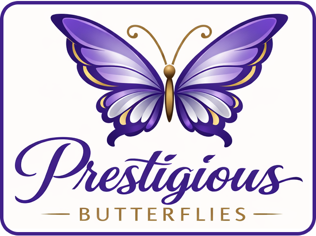 Gold text reading &ldquo;Prestigious Butterflies&rdquo; on a white background