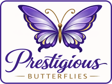 Gold text reading &ldquo;Prestigious Butterflies&rdquo; on a white background