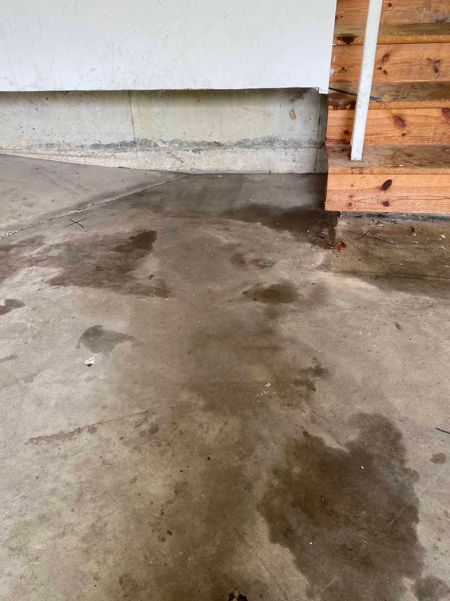 A wet concrete floor next to a wooden staircase.