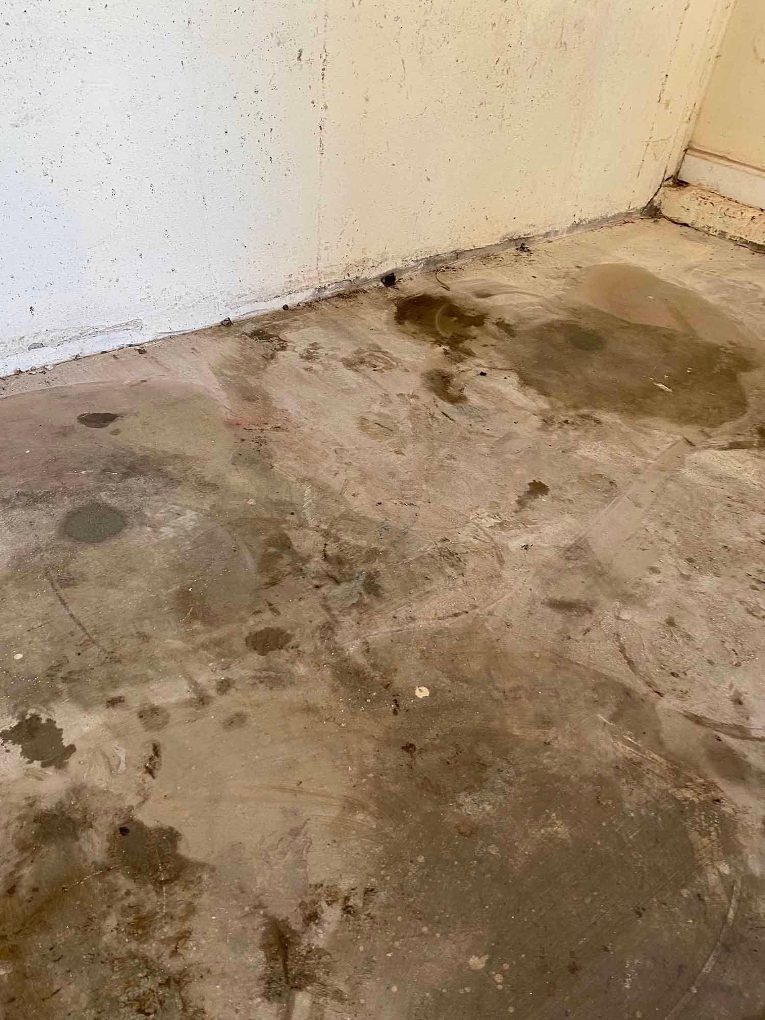 A dirty concrete floor in a room with a white wall.