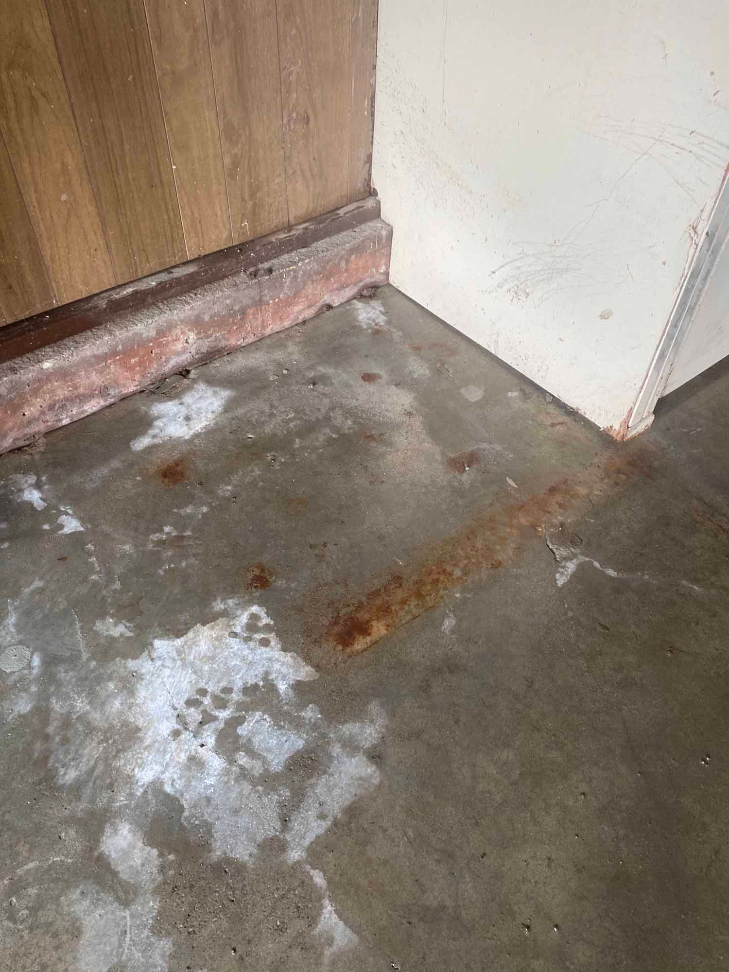 A corner of a room with a concrete floor and a wooden wall.