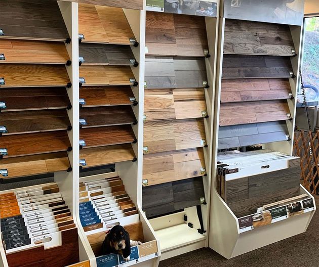 A puppy sits in a bin at the base of a retail store display rack featuring many samples of wooden flooring.
