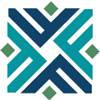 A geometric square logo composed of dark blue and teal interlocking chevron patterns with small green diamonds on each side.