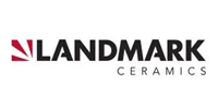 Logo for Landmark Ceramics, featuring bold black text with a stylized red square graphic on the left.