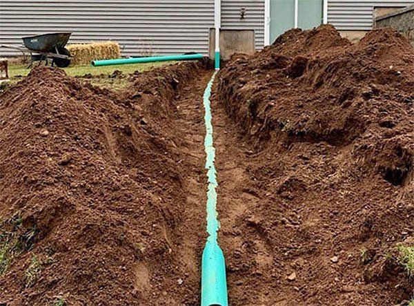 A trench with green pipes, being installed near a house. Dark brown soil surrounds the trench.