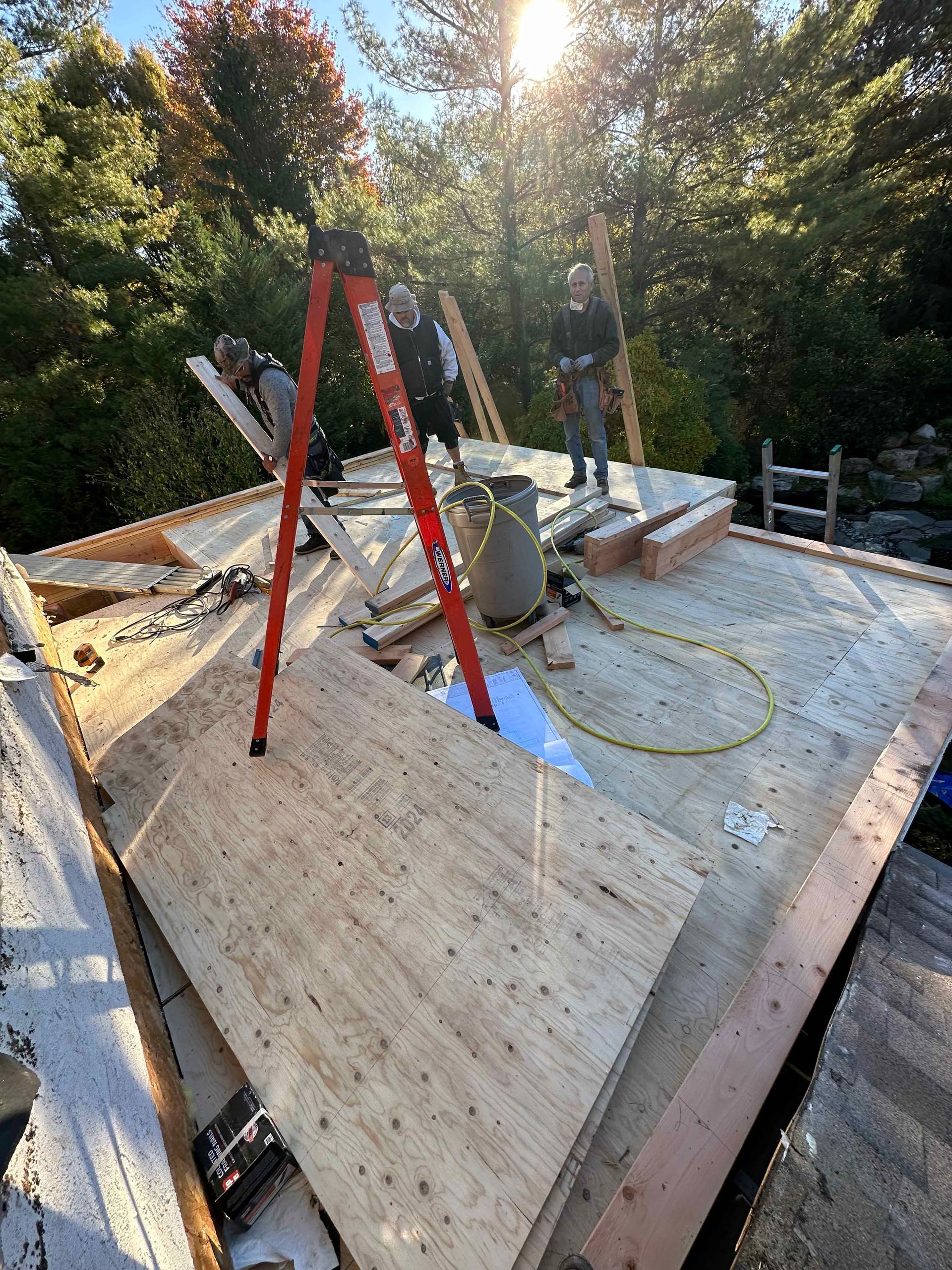 A red ladder is sitting on top of a wooden roof.