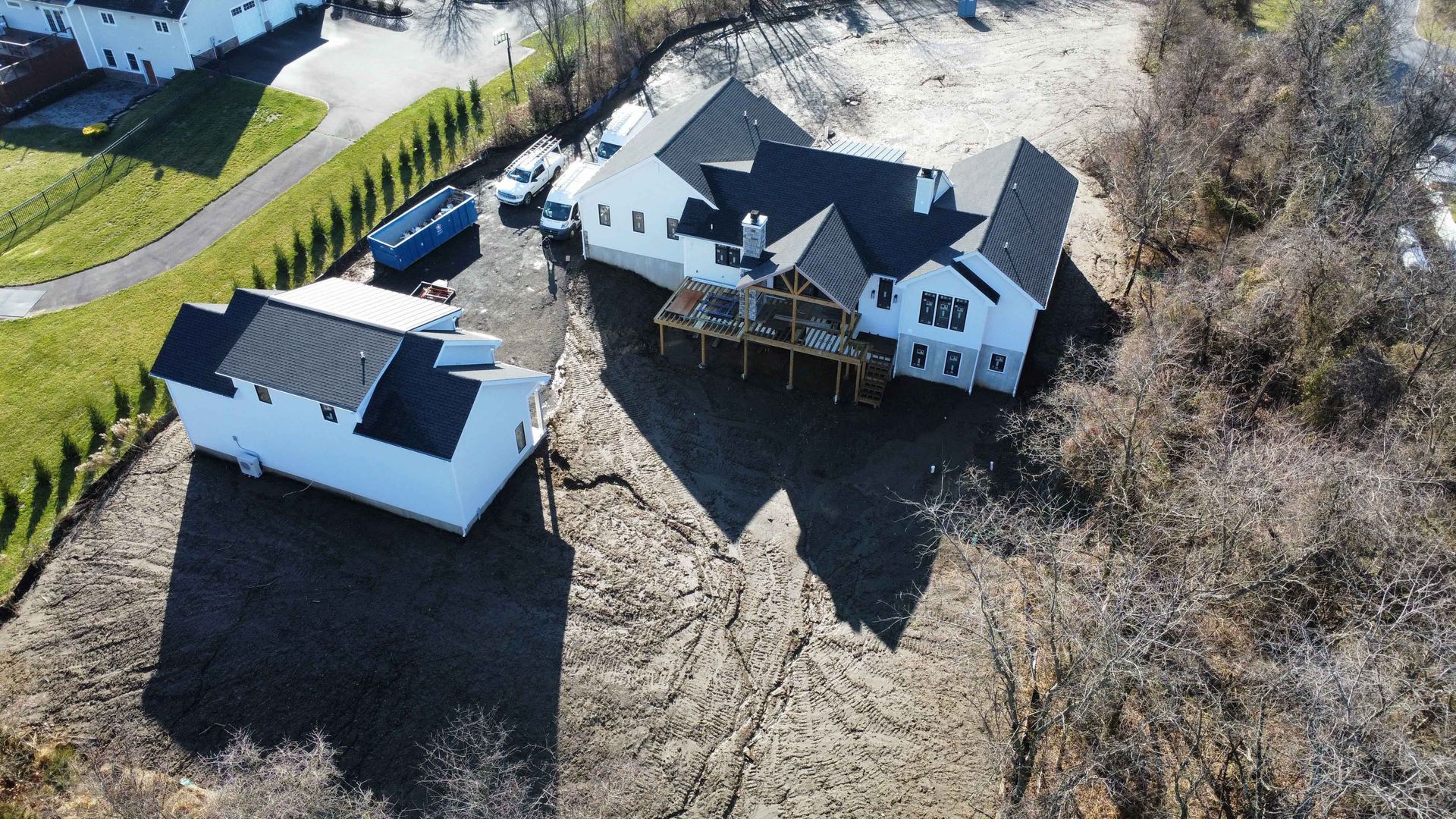 An aerial view of a house that is being built