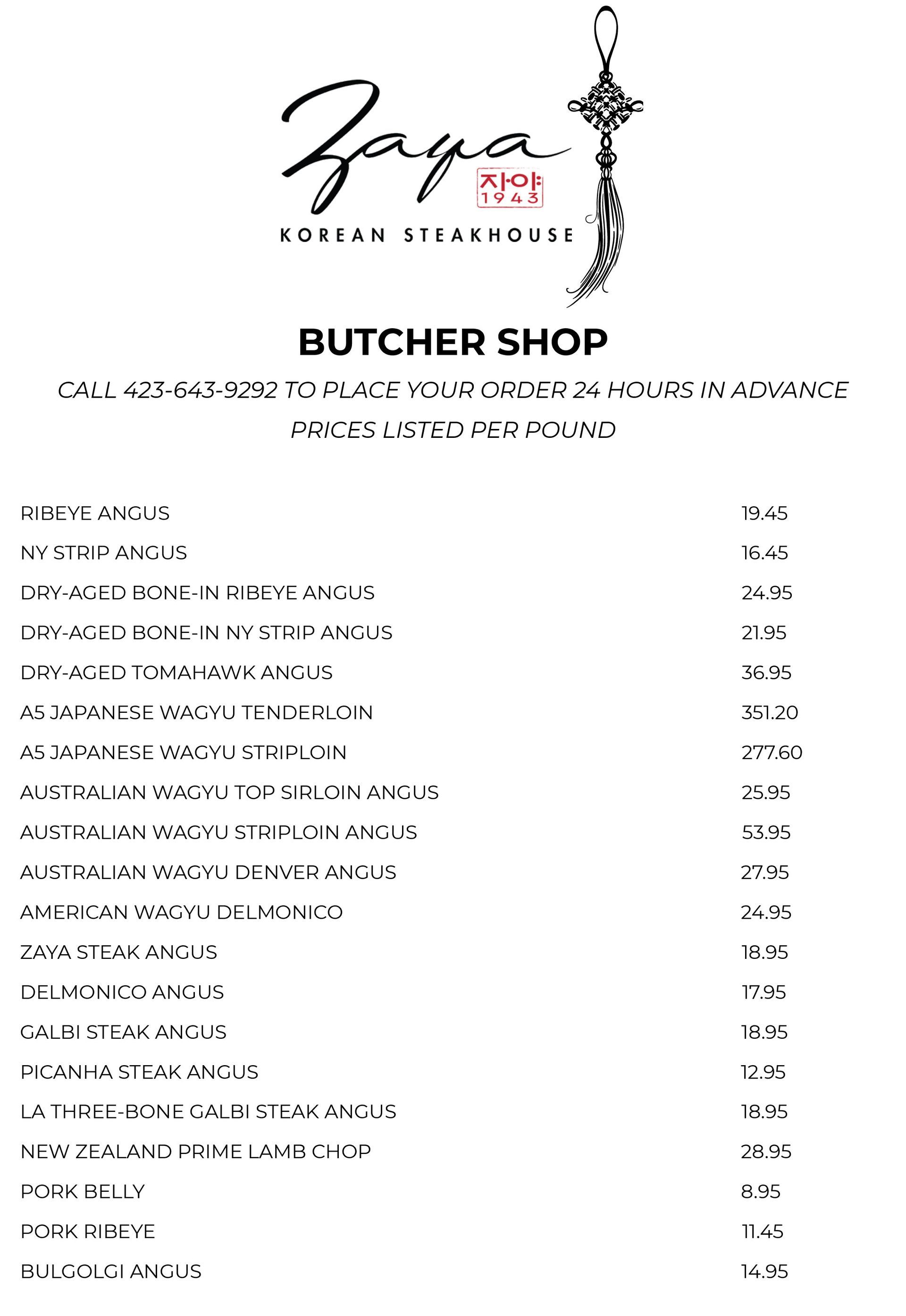 Butcher shop items and prices