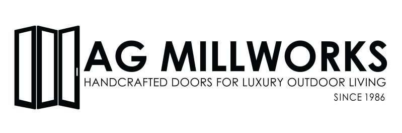 AG Millworks logo featuring stylized bi-fold doors and company details.