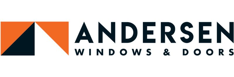Logo for Andersen Windows & Doors, featuring a geometric shape with orange, white and navy triangles, plus black text.
