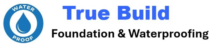 A blue and white logo for true build construction