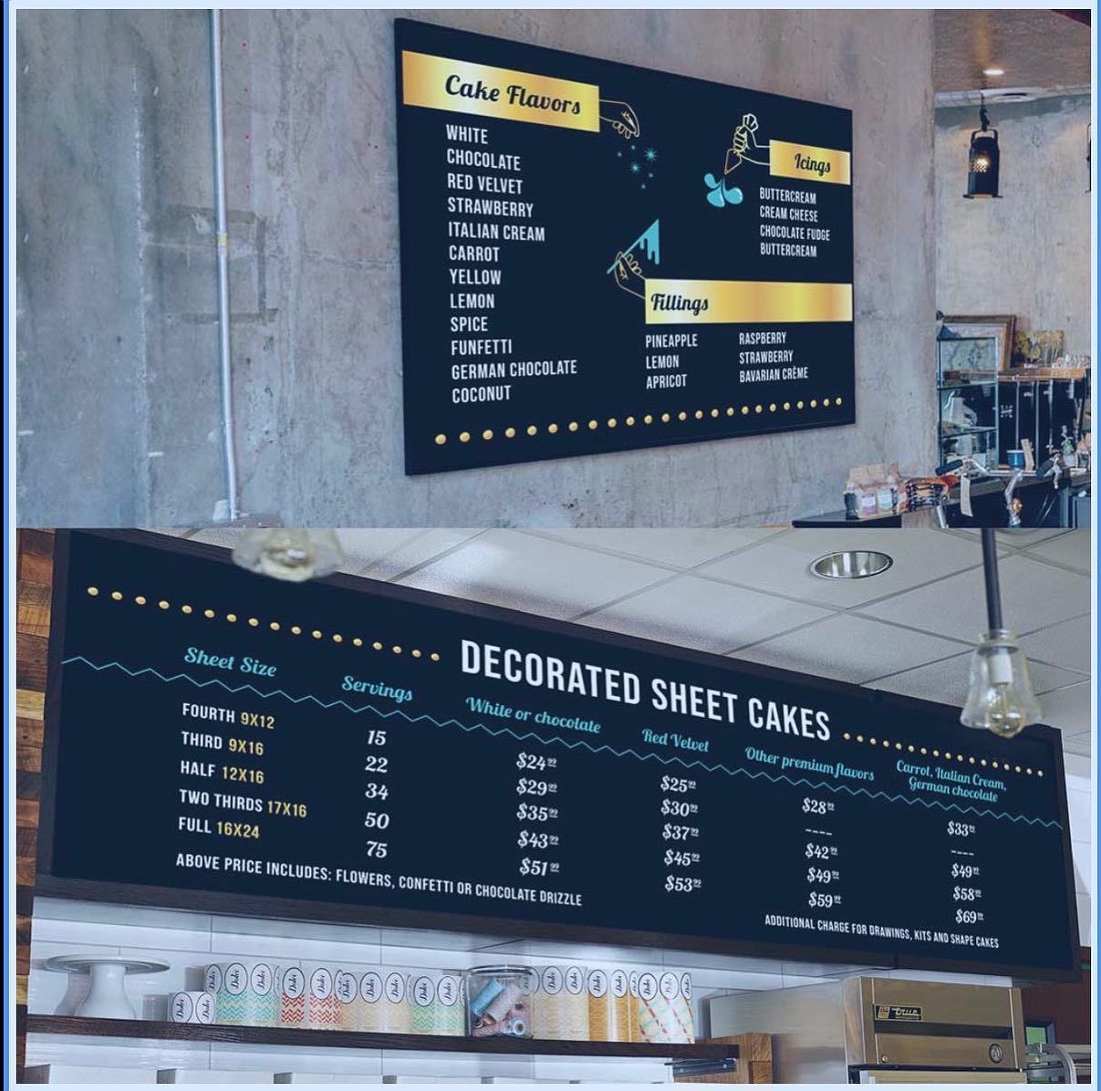 Coffee shop menu boards on a concrete wall, listing beverages and decorated sheet cakes.
