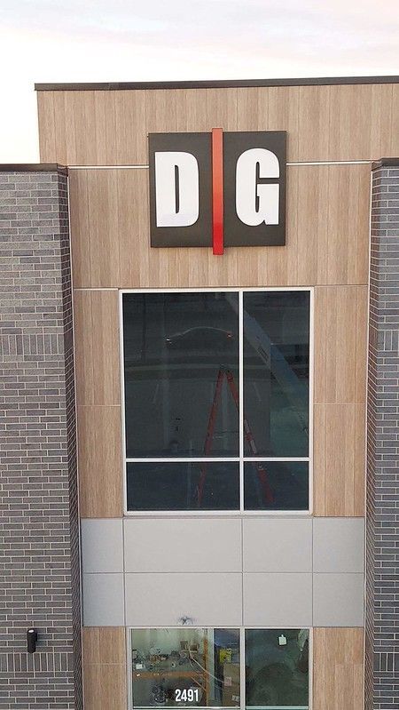 A modern office building exterior with a 